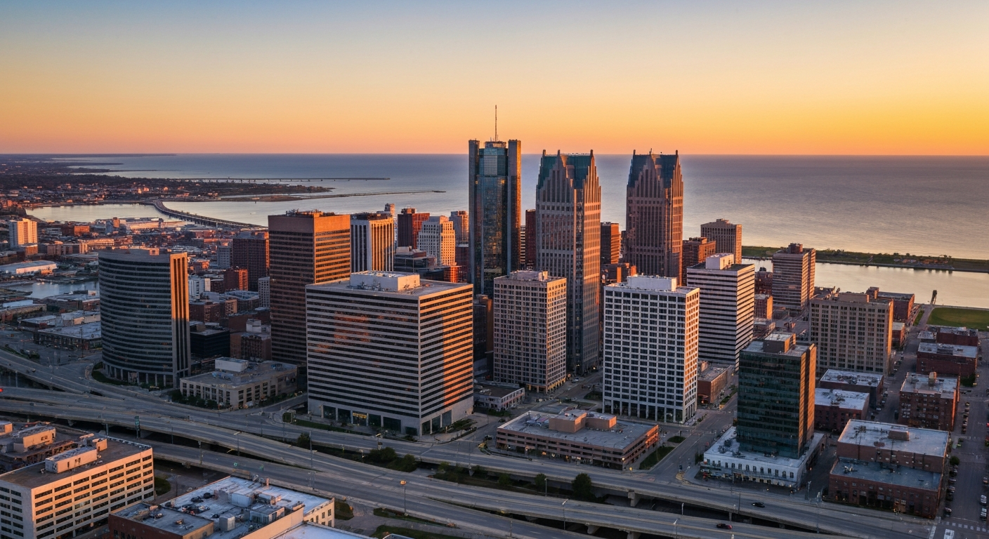 Detroit Michigan skyline sunset home of Ilir Ivezaj