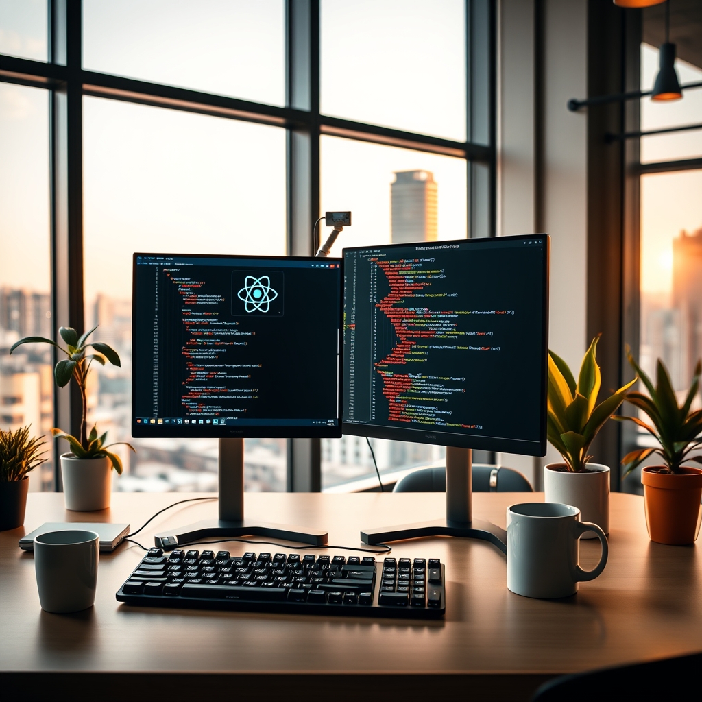 Ilir Ivezaj development workspace with dual monitors showing React and database code